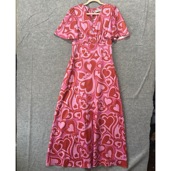 Twisted Wunder London Maxi Dress Women Sz 8 Red Pink Hearts Surplice Party - Picture 1 of 7